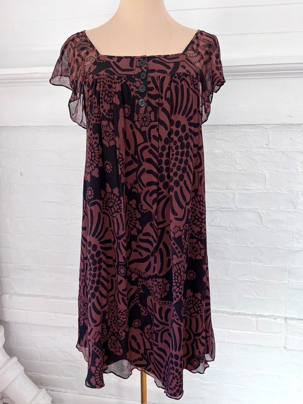 Tibi Silk Floral Flutter Sleeve Shift Dress Summer Black Brown Size 2